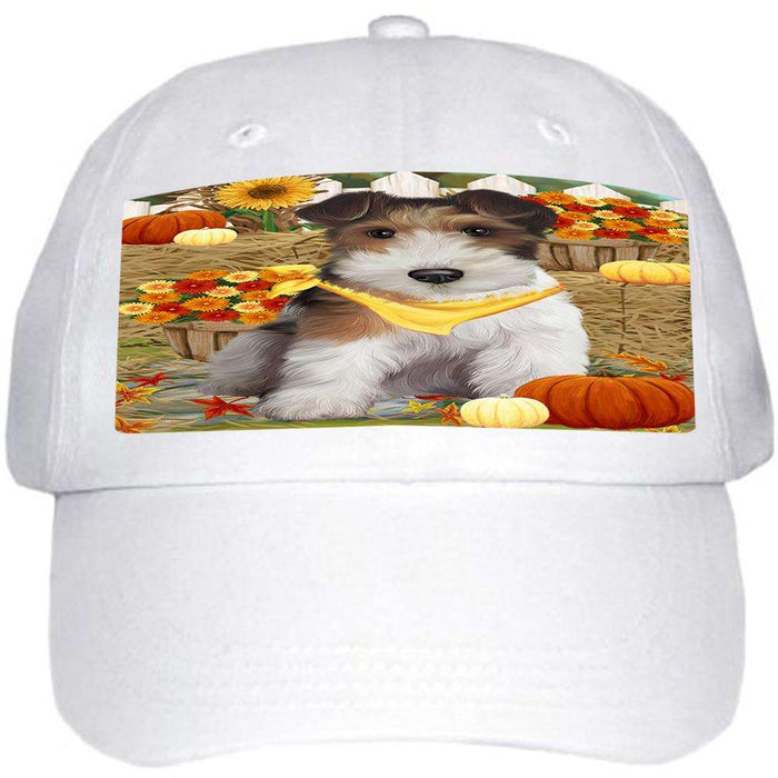 Fall Autumn Greeting Wire Fox Terrier Dog with Pumpkins Ball Hat Cap HAT60807