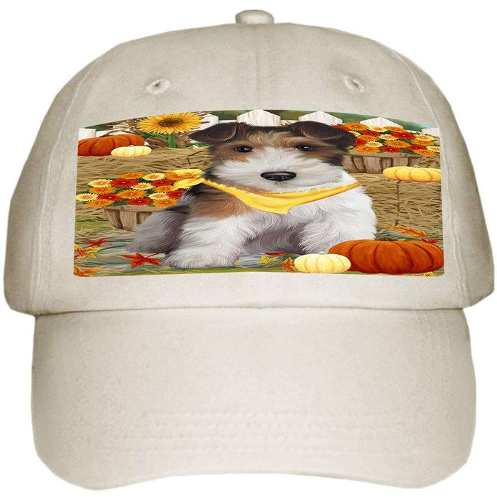 Fall Autumn Greeting Wire Fox Terrier Dog with Pumpkins Ball Hat Cap HAT60807
