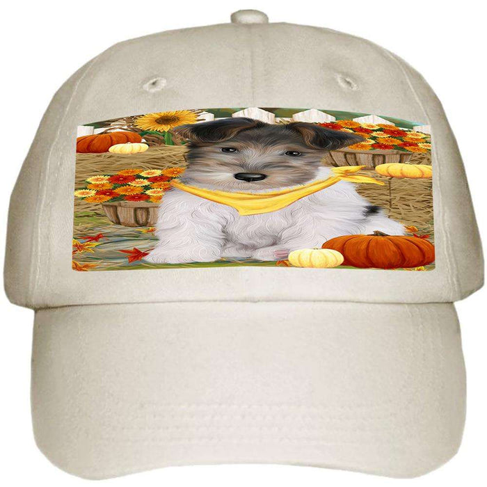 Fall Autumn Greeting Wire Fox Terrier Dog with Pumpkins Ball Hat Cap HAT60810