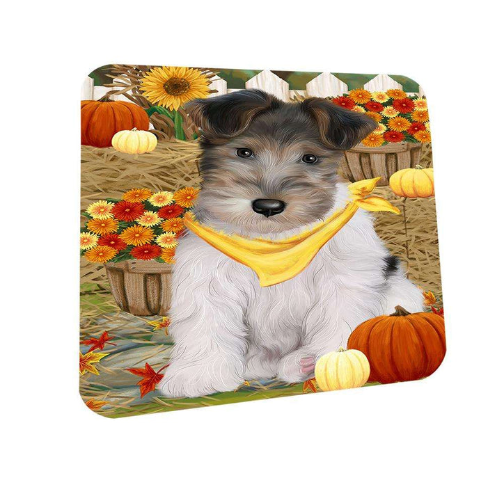 Fall Autumn Greeting Wire Fox Terrier Dog with Pumpkins Coasters Set of 4 CST52318