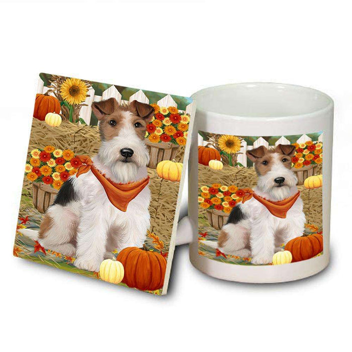 Fall Autumn Greeting Wire Fox Terrier Dog with Pumpkins Mug and Coaster Set MUC52349