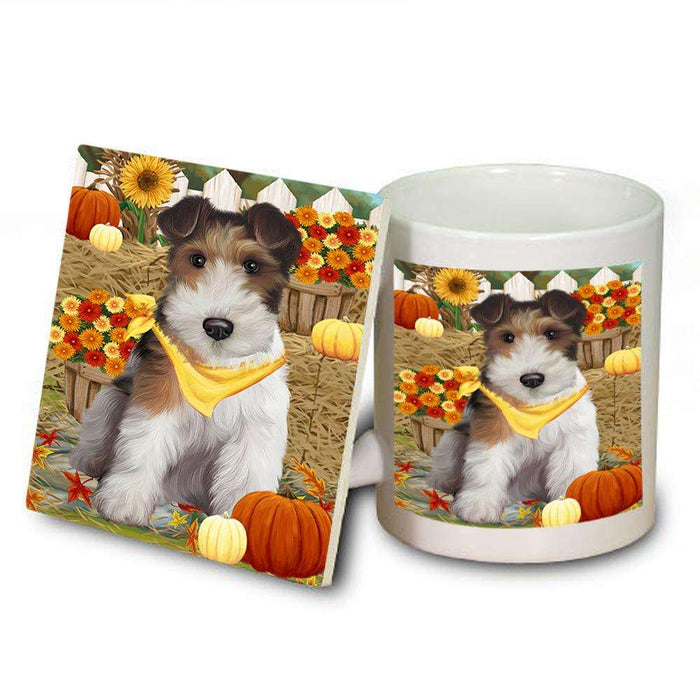 Fall Autumn Greeting Wire Fox Terrier Dog with Pumpkins Mug and Coaster Set MUC52350