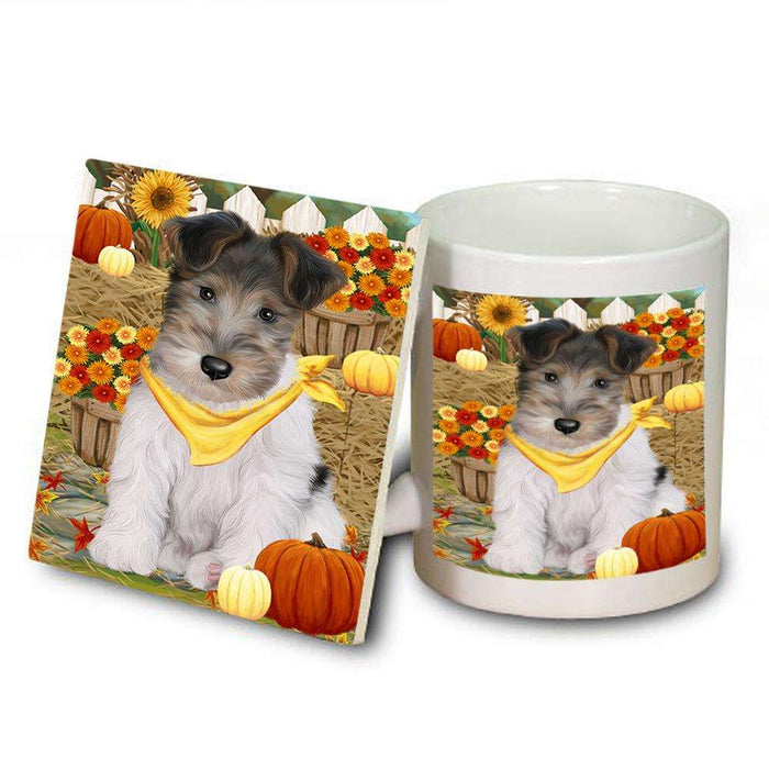 Fall Autumn Greeting Wire Fox Terrier Dog with Pumpkins Mug and Coaster Set MUC52351