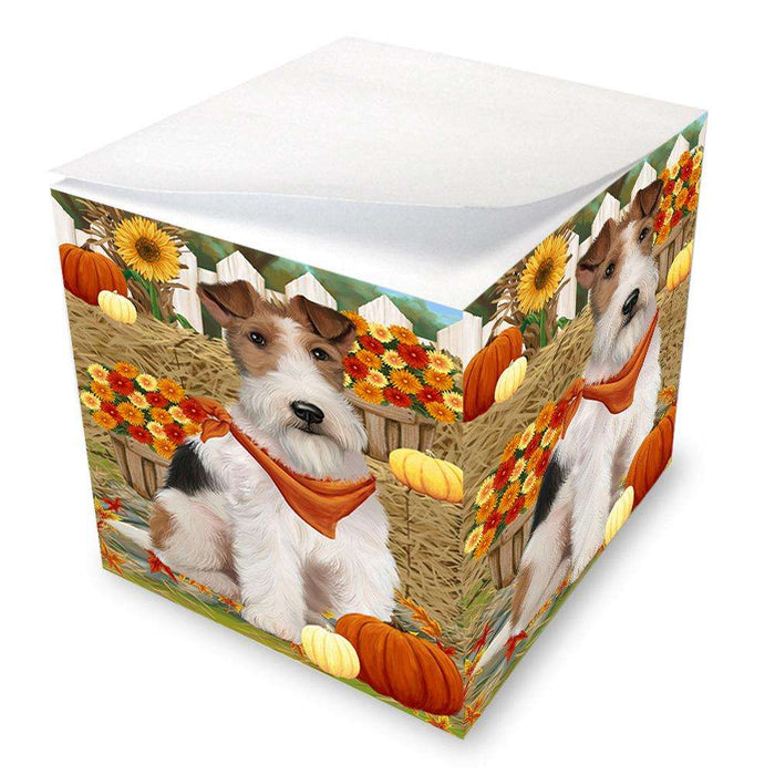 Fall Autumn Greeting Wire Fox Terrier Dog with Pumpkins Note Cube NOC52357