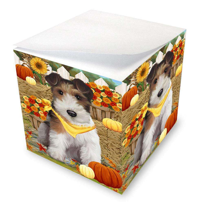Fall Autumn Greeting Wire Fox Terrier Dog with Pumpkins Note Cube NOC52358
