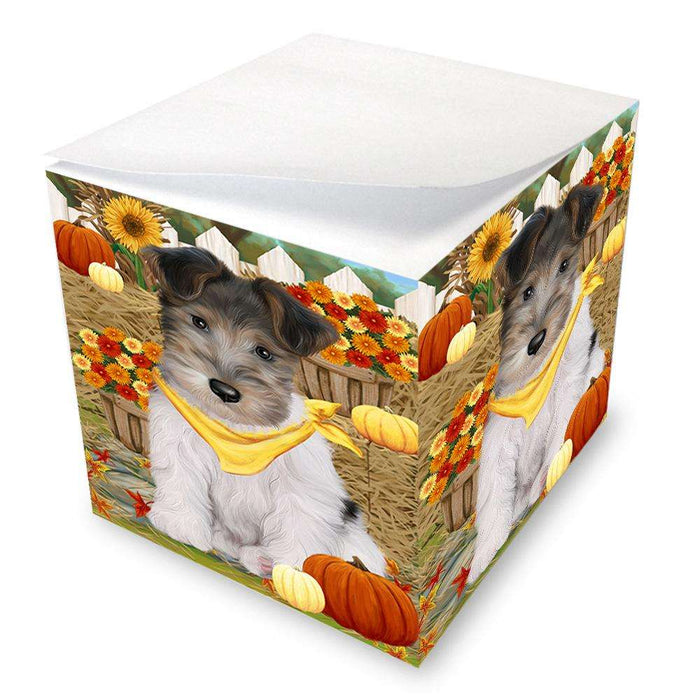 Fall Autumn Greeting Wire Fox Terrier Dog with Pumpkins Note Cube NOC52359