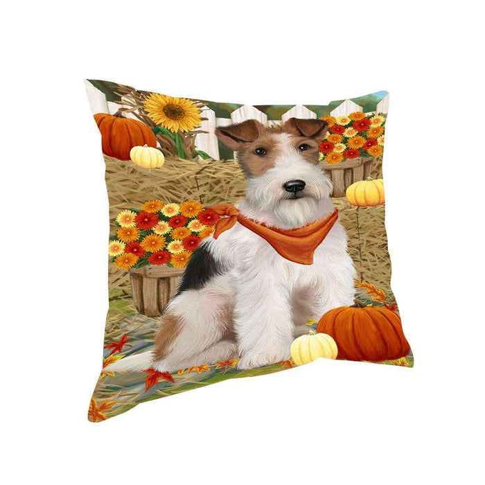 Fall Autumn Greeting Wire Fox Terrier Dog with Pumpkins Pillow PIL65584