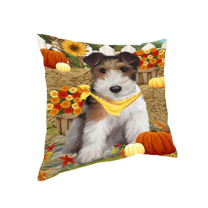 Fall Autumn Greeting Wire Fox Terrier Dog with Pumpkins Pillow PIL65588
