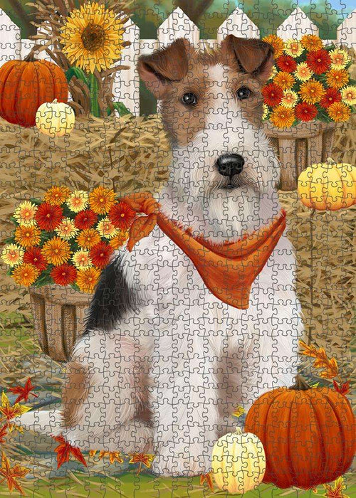 Fall Autumn Greeting Wire Fox Terrier Dog with Pumpkins Puzzle with Photo Tin PUZL61002