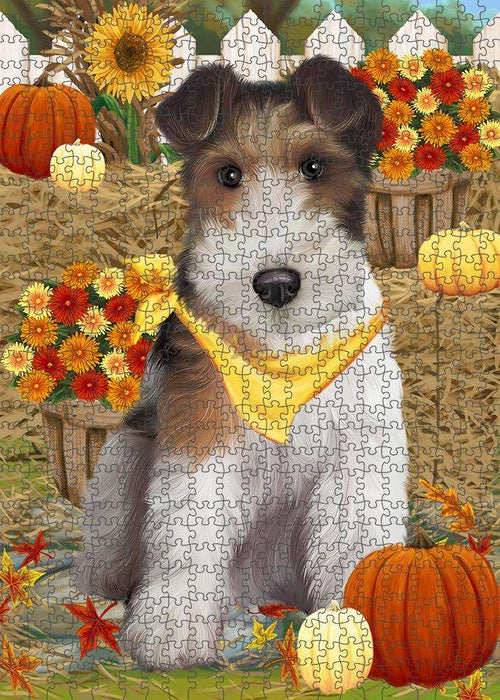Fall Autumn Greeting Wire Fox Terrier Dog with Pumpkins Puzzle with Photo Tin PUZL61005