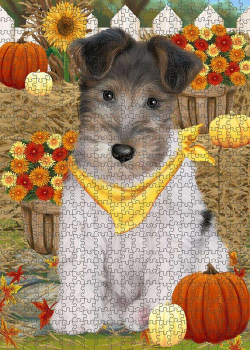 Fall Autumn Greeting Wire Fox Terrier Dog with Pumpkins Puzzle with Photo Tin PUZL61008