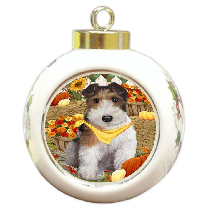 Fall Autumn Greeting Wire Fox Terrier Dog with Pumpkins Round Ball Christmas Ornament RBPOR52358