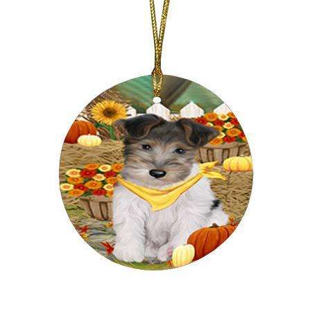 Fall Autumn Greeting Wire Fox Terrier Dog with Pumpkins Round Flat Christmas Ornament RFPOR52350