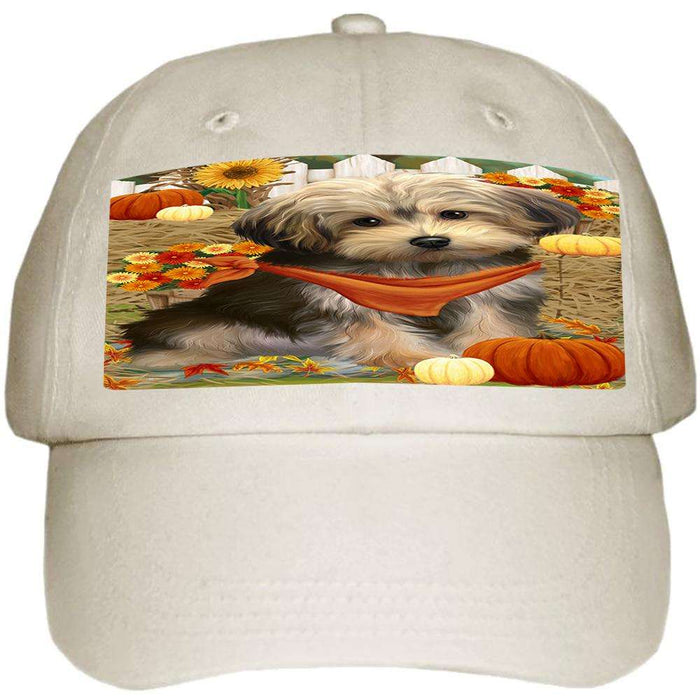 Fall Autumn Greeting Yorkipoo Dog with Pumpkins Ball Hat Cap HAT56403