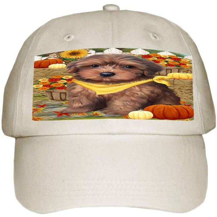 Fall Autumn Greeting Yorkipoo Dog with Pumpkins Ball Hat Cap HAT56406