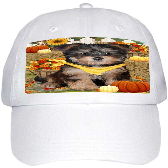 Fall Autumn Greeting Yorkipoo Dog with Pumpkins Ball Hat Cap HAT56409