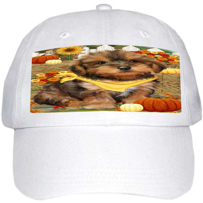 Fall Autumn Greeting Yorkipoo Dog with Pumpkins Ball Hat Cap HAT56412