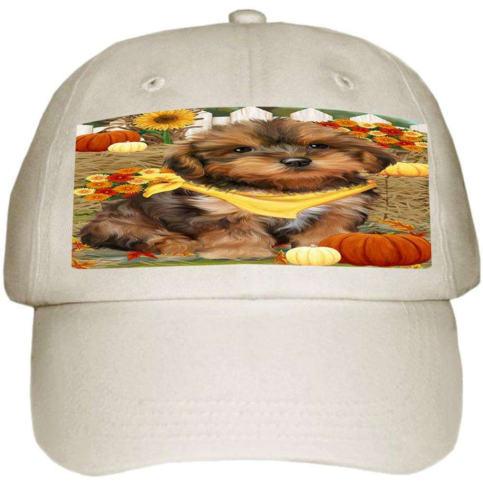 Fall Autumn Greeting Yorkipoo Dog with Pumpkins Ball Hat Cap HAT56412