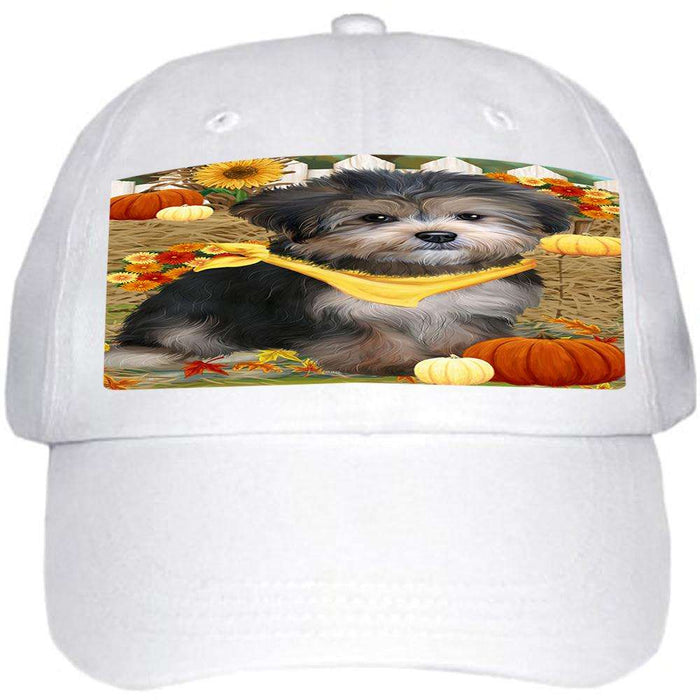 Fall Autumn Greeting Yorkipoo Dog with Pumpkins Ball Hat Cap HAT56415