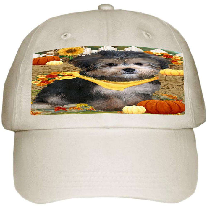 Fall Autumn Greeting Yorkipoo Dog with Pumpkins Ball Hat Cap HAT56415