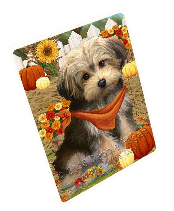 Fall Autumn Greeting Yorkipoo Dog with Pumpkins Cutting Board C56694