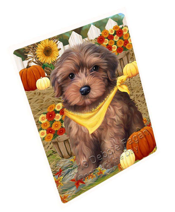 Fall Autumn Greeting Yorkipoo Dog with Pumpkins Cutting Board C56697