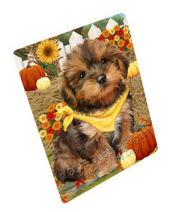 Fall Autumn Greeting Yorkipoo Dog with Pumpkins Cutting Board C56703