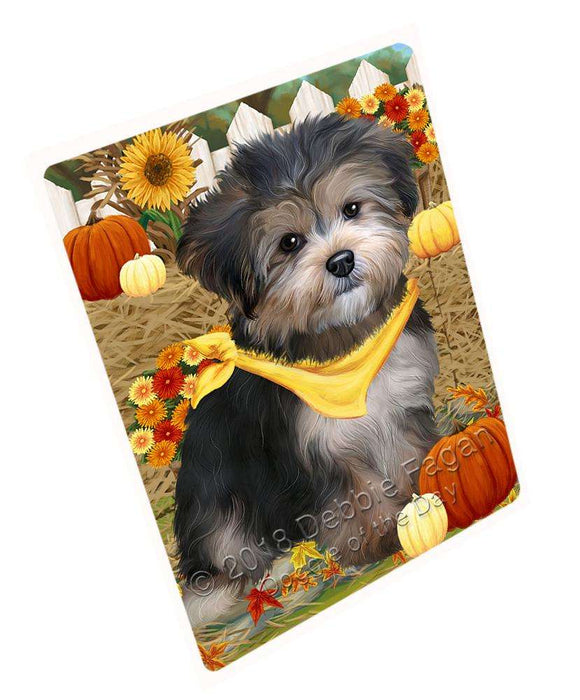 Fall Autumn Greeting Yorkipoo Dog with Pumpkins Cutting Board C56706