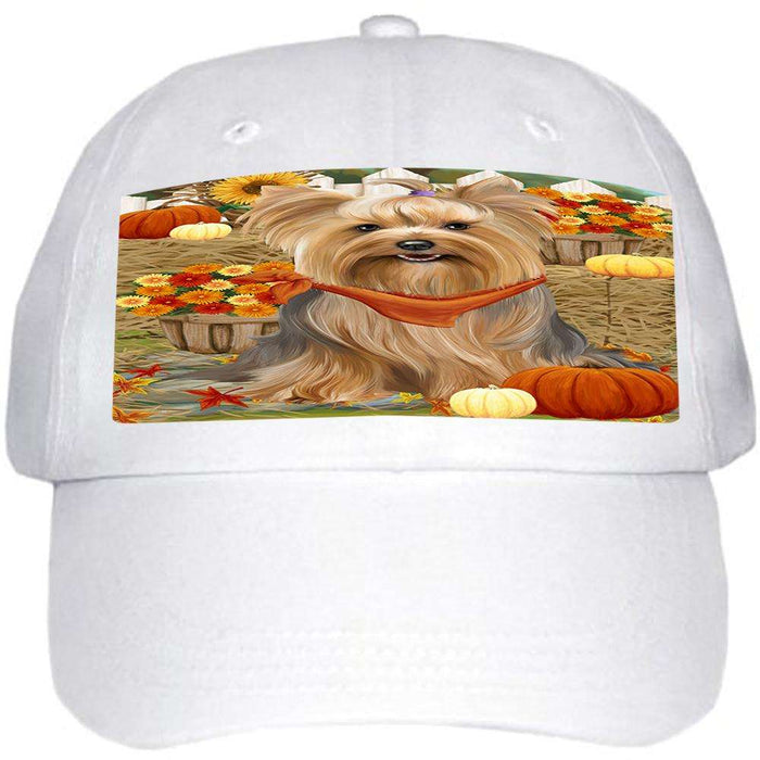 Fall Autumn Greeting Yorkshire Terrier Dog with Pumpkins Ball Hat Cap HAT56418