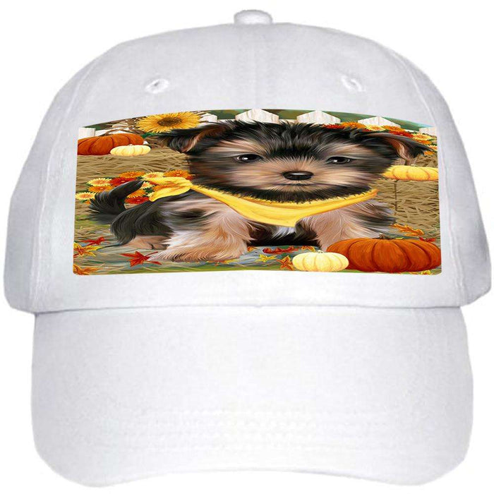 Fall Autumn Greeting Yorkshire Terrier Dog with Pumpkins Ball Hat Cap HAT56421