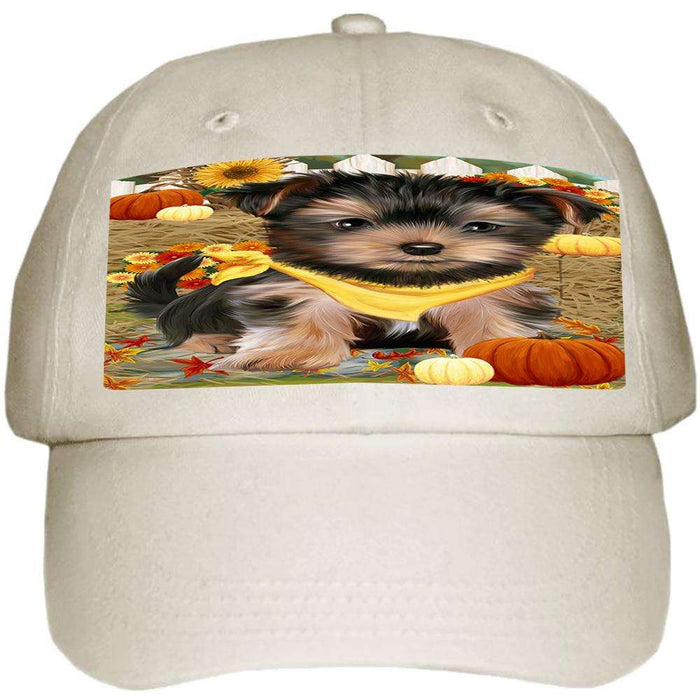 Fall Autumn Greeting Yorkshire Terrier Dog with Pumpkins Ball Hat Cap HAT56421