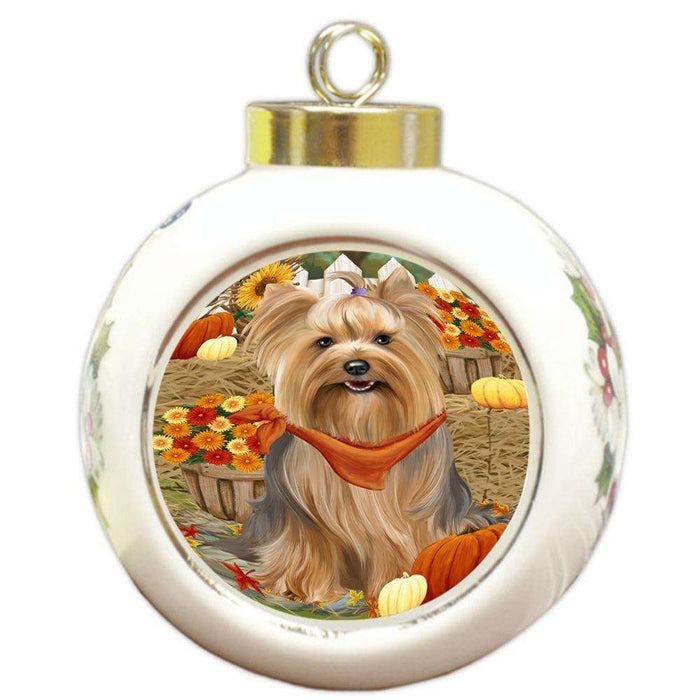 Fall Autumn Greeting Yorkshire Terrier Dog with Pumpkins Round Ball Christmas Ornament RBPOR50883