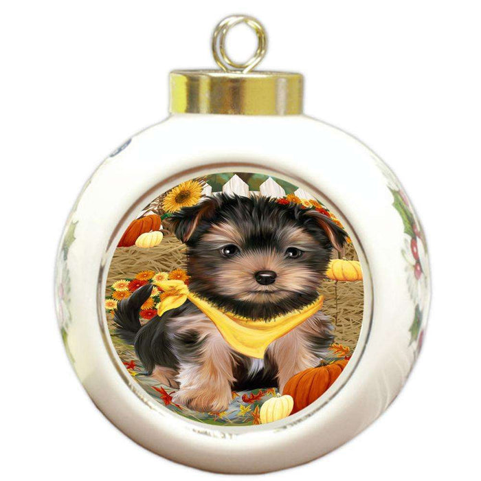 Fall Autumn Greeting Yorkshire Terrier Dog with Pumpkins Round Ball Christmas Ornament RBPOR50884