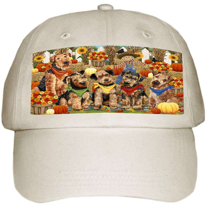 Fall Festive Gathering Airedale Terriers with Pumpkins Ball Hat Cap HAT55575