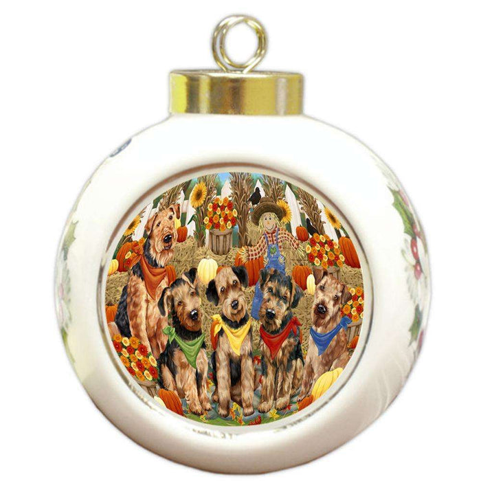 Fall Festive Gathering Airedale Terriers with Pumpkins Round Ball Christmas Ornament RBPOR50602