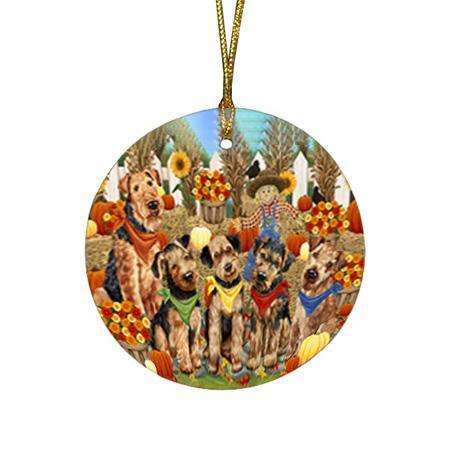 Fall Festive Gathering Airedale Terriers with Pumpkins Round Flat Christmas Ornament RFPOR50593