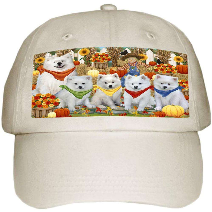 Fall Festive Gathering American Eskimos Dog with Pumpkins Ball Hat Cap HAT55581
