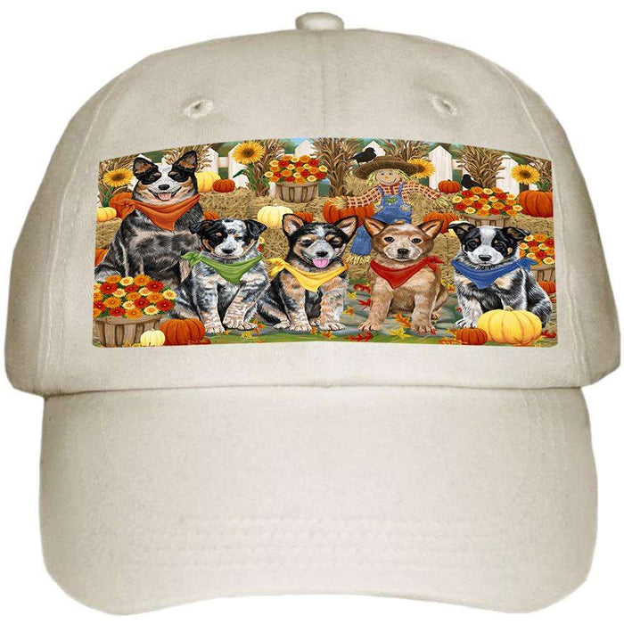 Fall Festive Gathering Australian Cattle Dogs with Pumpkins Ball Hat Cap HAT55587
