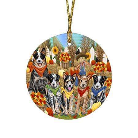 Fall Festive Gathering Australian Cattle Dogs with Pumpkins Round Flat Christmas Ornament RFPOR50597