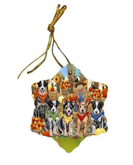 Fall Festive Gathering Australian Cattle Dogs with Pumpkins Star Porcelain Ornament SPOR50598