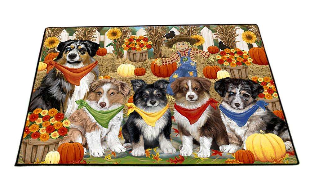 Fall Festive Gathering Australian Shepherds Dog with Pumpkins Floormat FLMS50652