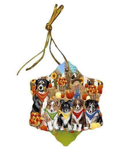 Fall Festive Gathering Australian Shepherds Dog with Pumpkins Star Porcelain Ornament SPOR50600