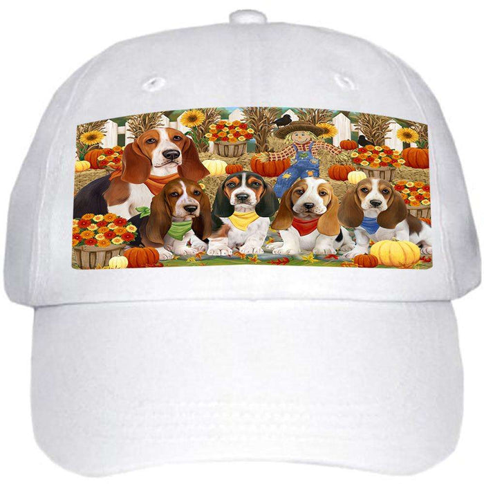 Fall Festive Gathering Basset Hounds Dog with Pumpkins Ball Hat Cap HAT55596