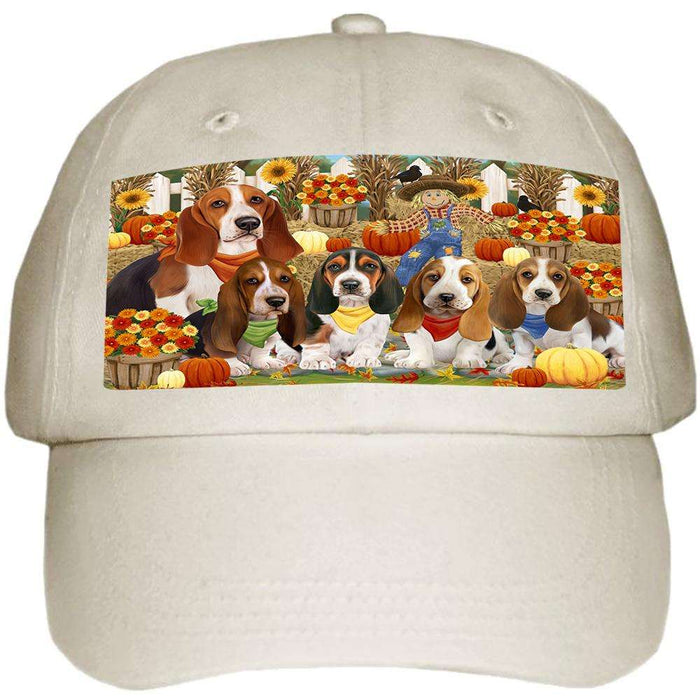 Fall Festive Gathering Basset Hounds Dog with Pumpkins Ball Hat Cap HAT55596