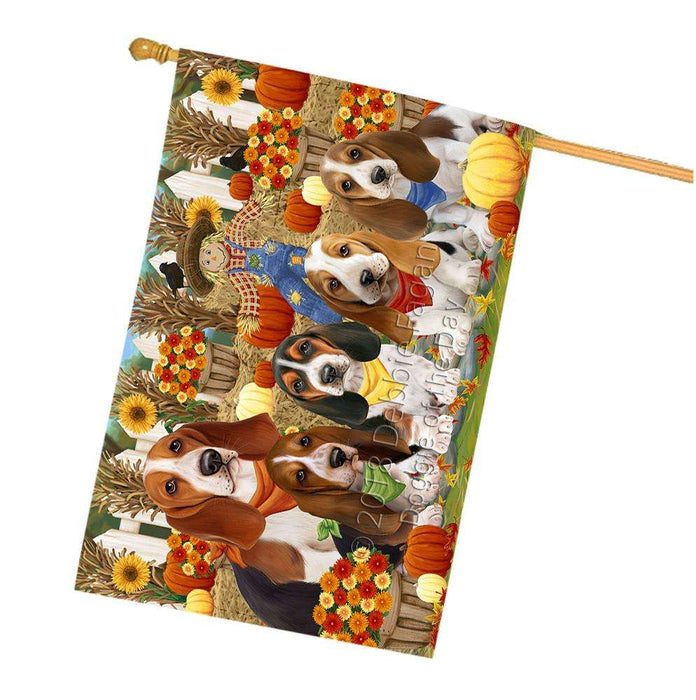 Fall Festive Gathering Basset Hounds Dog with Pumpkins House Flag FLG50638