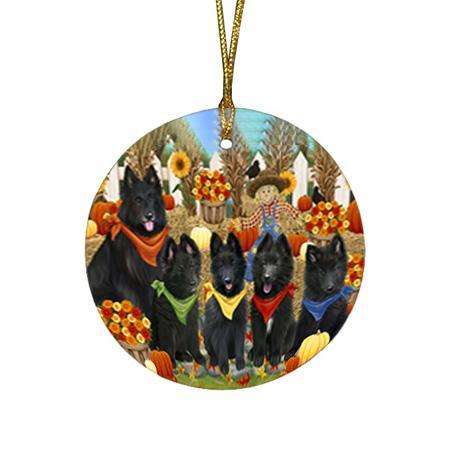 Fall Festive Gathering Belgian Shepherds Dog with Pumpkins Round Flat Christmas Ornament RFPOR50602