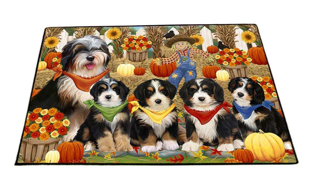 Fall Festive Gathering Bernedoodles Dog with Pumpkins Floormat FLMS50757