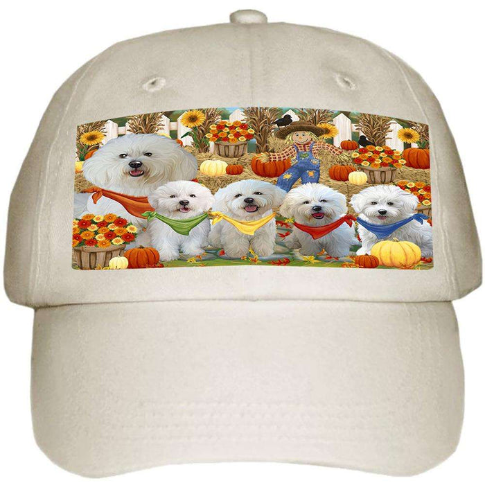 Fall Festive Gathering Bichon Frises Dog with Pumpkins Ball Hat Cap HAT55608