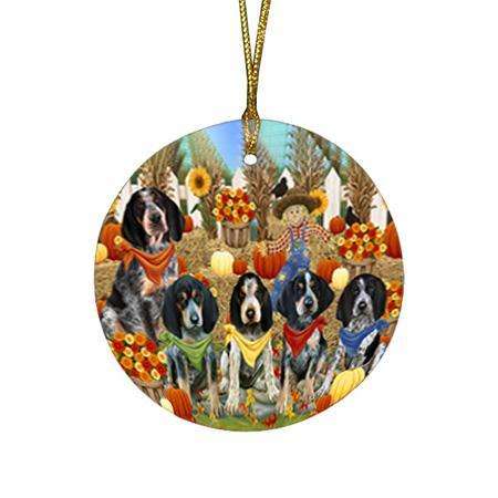 Fall Festive Gathering Bluetick Coonhounds Dog with Pumpkins Round Flat Christmas Ornament RFPOR50605