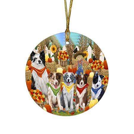 Fall Festive Gathering Border Collies Dog with Pumpkins Round Flat Christmas Ornament RFPOR50606